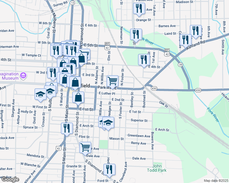 map of restaurants, bars, coffee shops, grocery stores, and more near 180 Park Avenue East in Mansfield