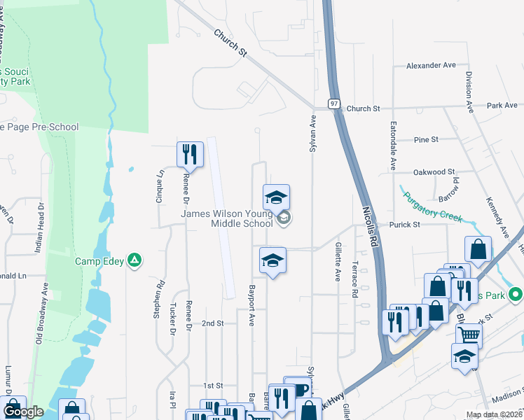 map of restaurants, bars, coffee shops, grocery stores, and more near 196 Barrett Avenue in Bayport