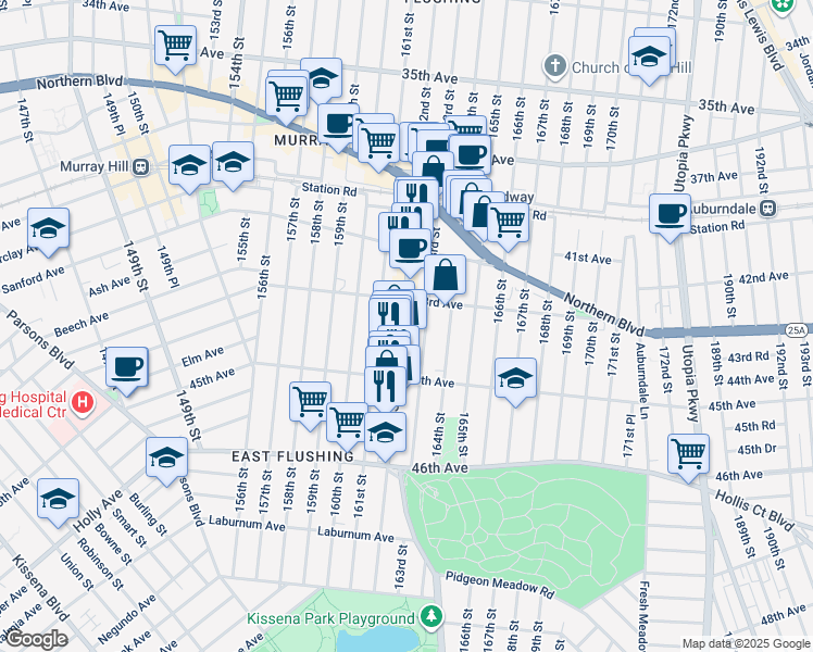 map of restaurants, bars, coffee shops, grocery stores, and more near 43-28 162nd Street in Queens