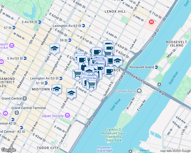 map of restaurants, bars, coffee shops, grocery stores, and more near 1031 1st Avenue in New York