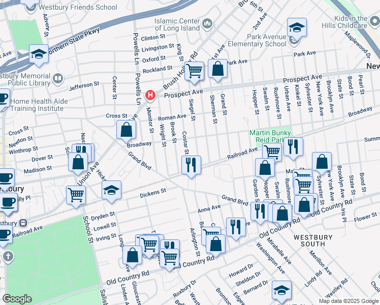 map of restaurants, bars, coffee shops, grocery stores, and more near 226 Costar Street in Westbury
