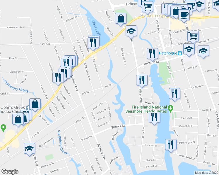 map of restaurants, bars, coffee shops, grocery stores, and more near 96 Hill Street in Patchogue