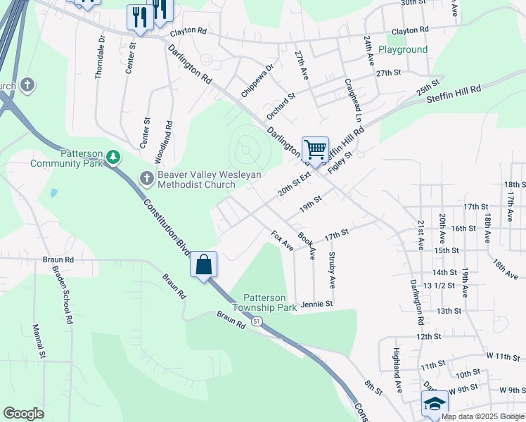 map of restaurants, bars, coffee shops, grocery stores, and more near 2803 20th Street Extension in Beaver Falls