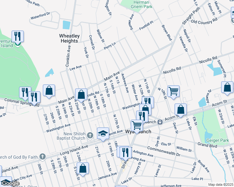 map of restaurants, bars, coffee shops, grocery stores, and more near 71 North 16th Street in Wheatley Heights
