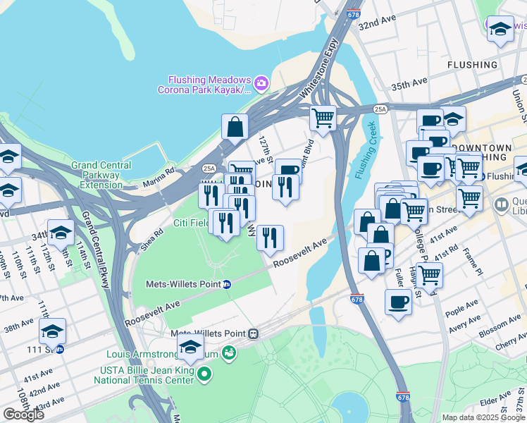 map of restaurants, bars, coffee shops, grocery stores, and more near 126-28 37th Avenue in Queens