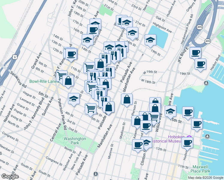map of restaurants, bars, coffee shops, grocery stores, and more near 1009 Palisade Avenue in Union City