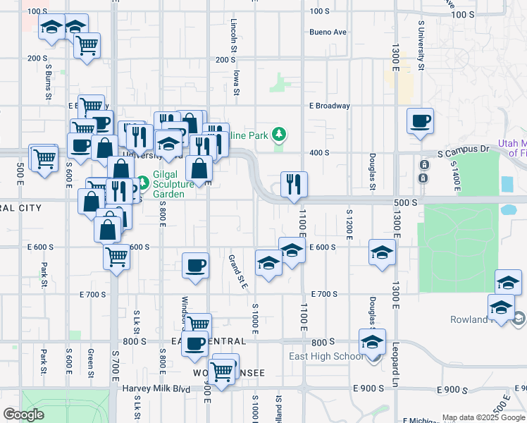 map of restaurants, bars, coffee shops, grocery stores, and more near 515 South 1000 East in Salt Lake City