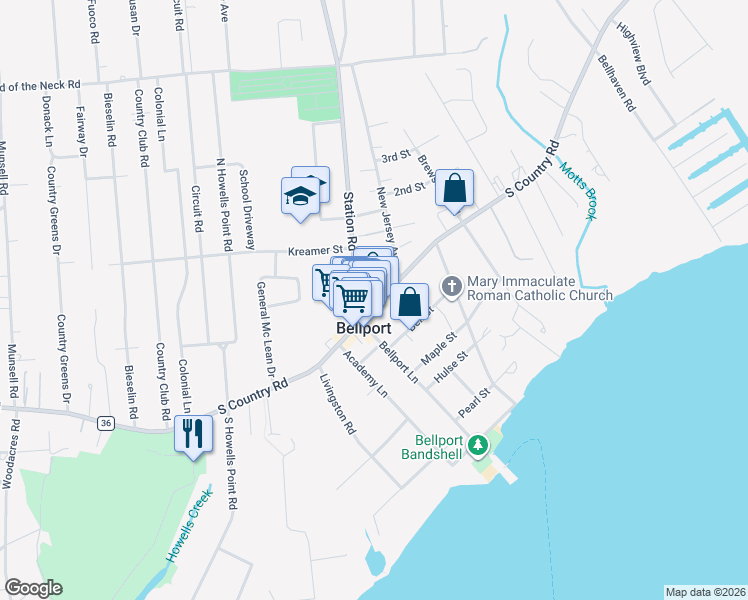 map of restaurants, bars, coffee shops, grocery stores, and more near 149 South Country Road in Bellport