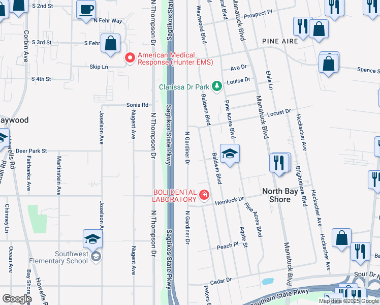map of restaurants, bars, coffee shops, grocery stores, and more near 1599 North Gardiner Drive in Bay Shore