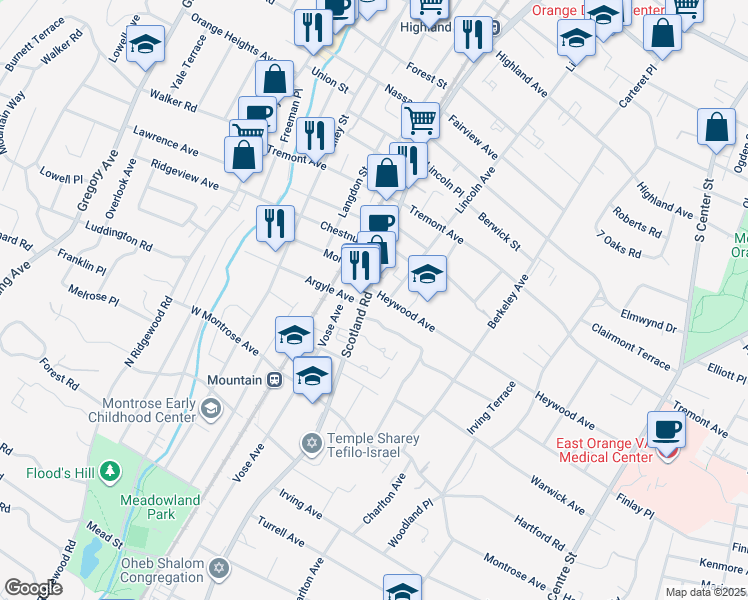 map of restaurants, bars, coffee shops, grocery stores, and more near 480 Heywood Avenue in City of Orange