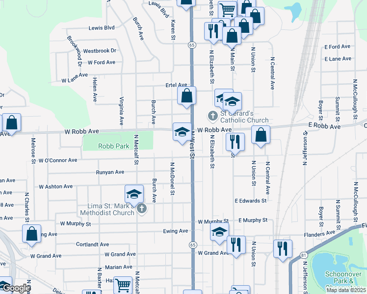 map of restaurants, bars, coffee shops, grocery stores, and more near 1135 North West Street in Lima