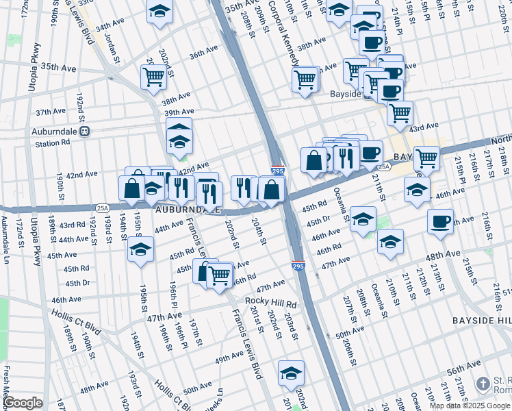 map of restaurants, bars, coffee shops, grocery stores, and more near 43-25 204th Street in Queens