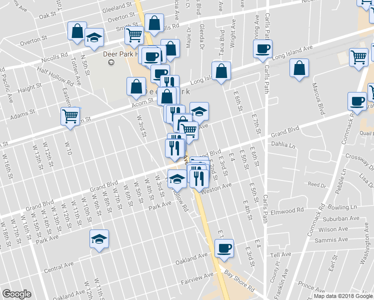 map of restaurants, bars, coffee shops, grocery stores, and more near 1815A Deer Park Avenue in Deer Park