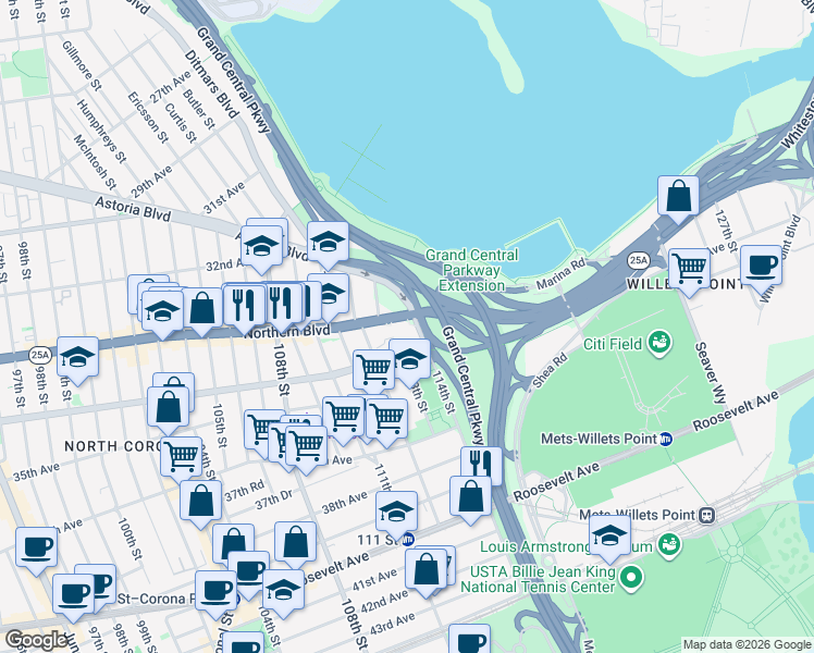map of restaurants, bars, coffee shops, grocery stores, and more near 112-56 Northern Boulevard in Queens
