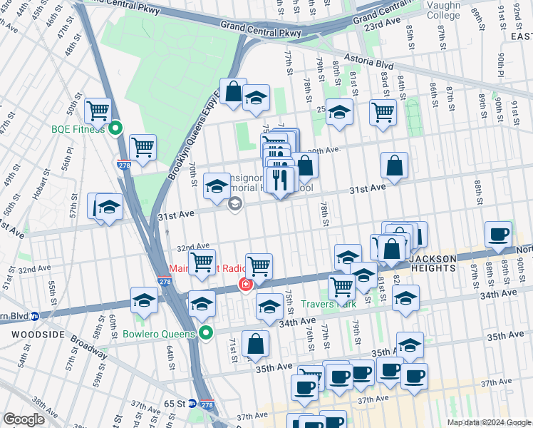 map of restaurants, bars, coffee shops, grocery stores, and more near 31-15 74th Street in Queens