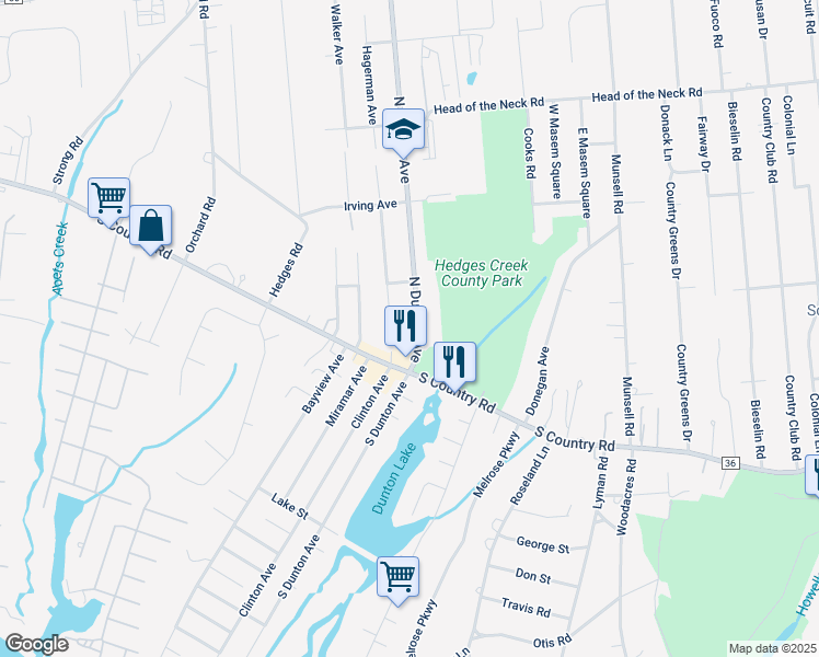 map of restaurants, bars, coffee shops, grocery stores, and more near 32 North Dunton Avenue in Patchogue