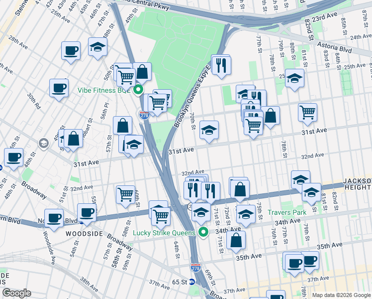 map of restaurants, bars, coffee shops, grocery stores, and more near 69-14 31st Avenue in Queens