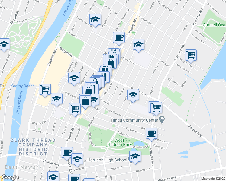 map of restaurants, bars, coffee shops, grocery stores, and more near 211 Devon St in Kearny