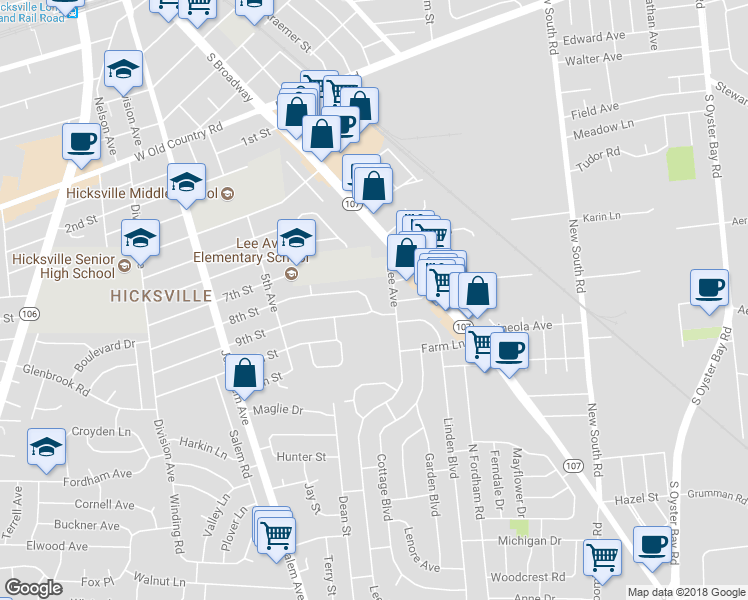 map of restaurants, bars, coffee shops, grocery stores, and more near 11 8th Street in Hicksville