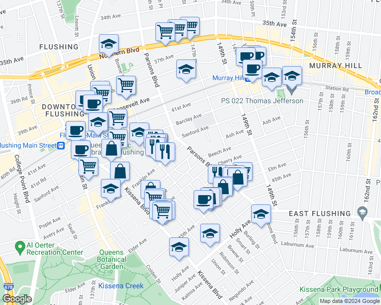 map of restaurants, bars, coffee shops, grocery stores, and more near 143-73 Ash Avenue in Queens