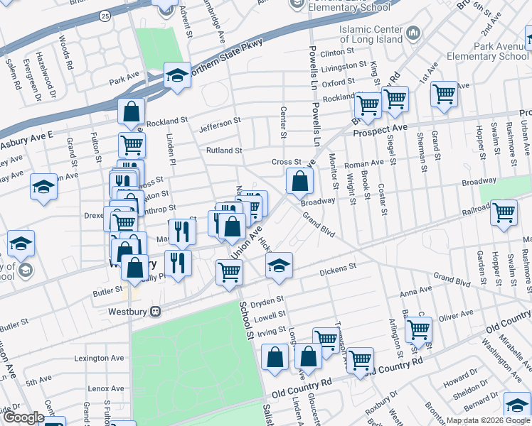 map of restaurants, bars, coffee shops, grocery stores, and more near 236 Seaman Court in Westbury