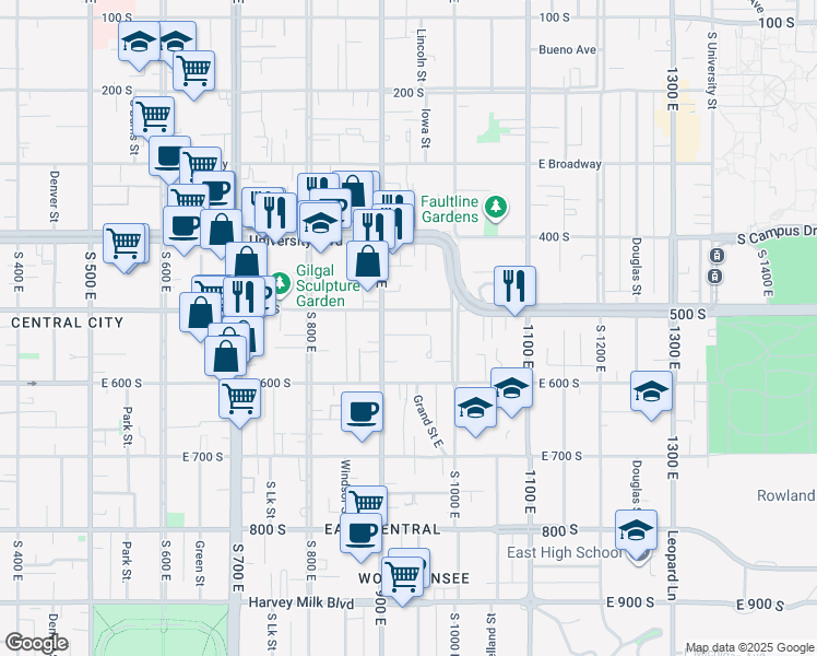 map of restaurants, bars, coffee shops, grocery stores, and more near 932 East 500 South in Salt Lake City