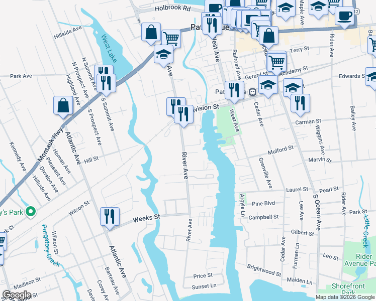 map of restaurants, bars, coffee shops, grocery stores, and more near 195 River Avenue in Patchogue