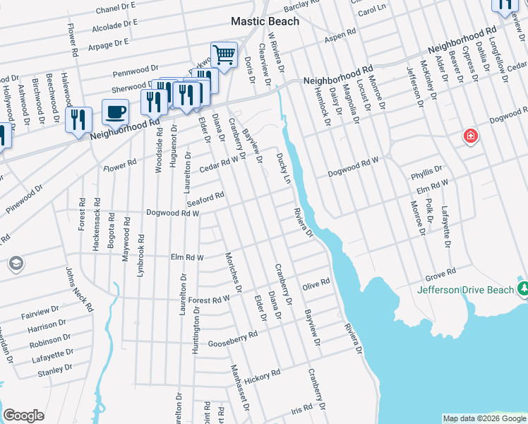 map of restaurants, bars, coffee shops, grocery stores, and more near 149 Cranberry Drive in Mastic Beach