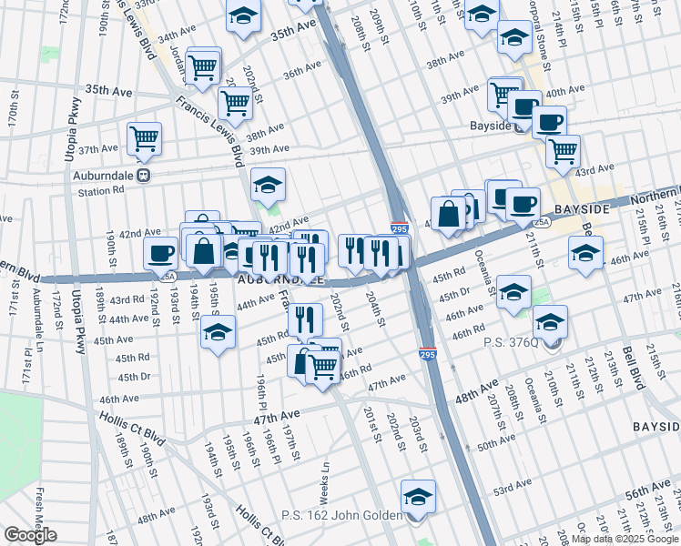 map of restaurants, bars, coffee shops, grocery stores, and more near 43-20 203rd Street in Queens