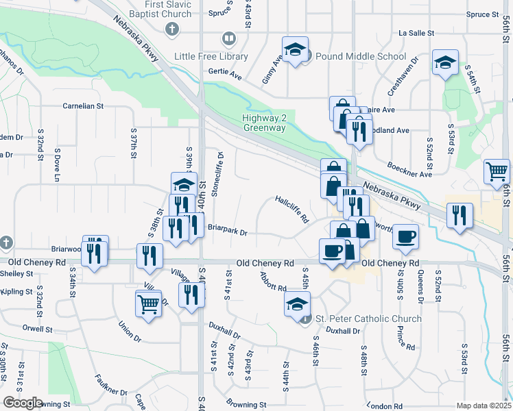 map of restaurants, bars, coffee shops, grocery stores, and more near 4400 Hallcliffe Road in Lincoln