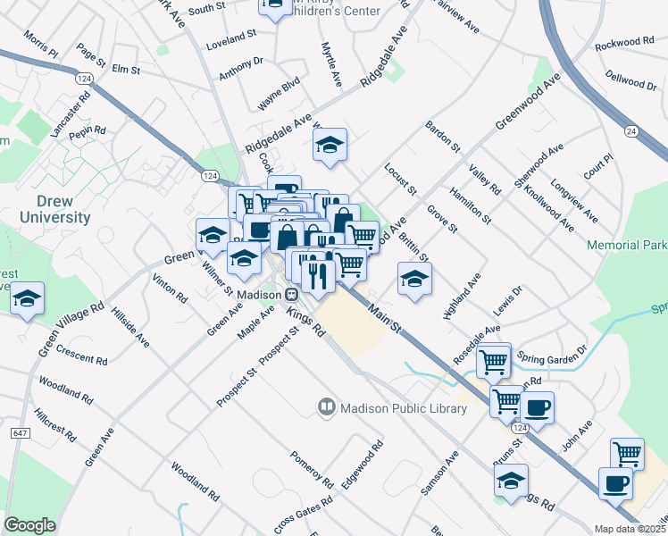 map of restaurants, bars, coffee shops, grocery stores, and more near 106 Main Street in Madison