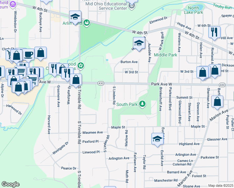 map of restaurants, bars, coffee shops, grocery stores, and more near 37 North Linden Road in Mansfield