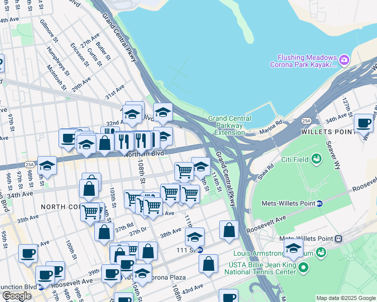 map of restaurants, bars, coffee shops, grocery stores, and more near 112-24 Northern Boulevard in Queens