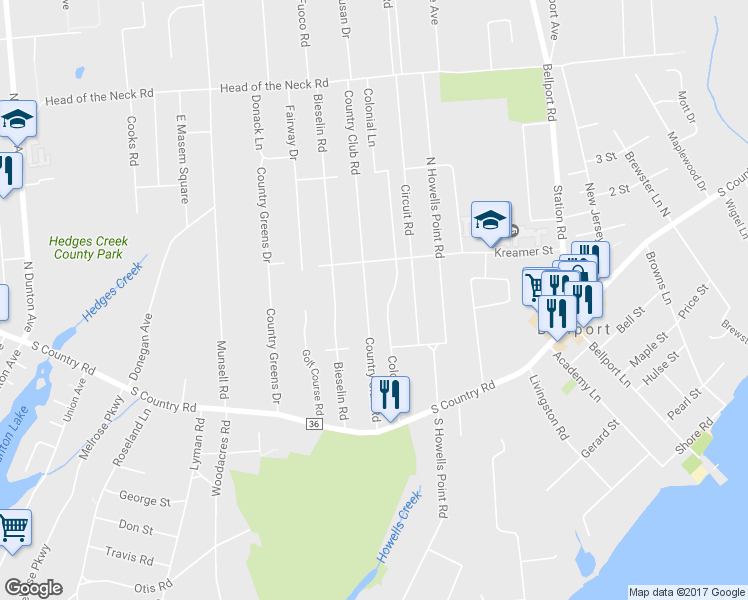 map of restaurants, bars, coffee shops, grocery stores, and more near 37 Country Club Road in Bellport