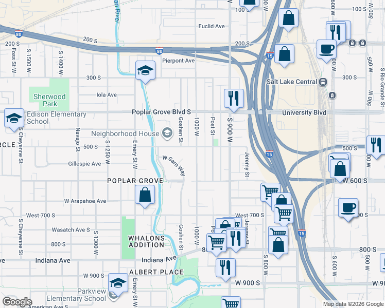map of restaurants, bars, coffee shops, grocery stores, and more near 522 South 1000 West in Salt Lake City