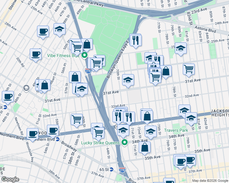 map of restaurants, bars, coffee shops, grocery stores, and more near 69-14 31st Avenue in Queens