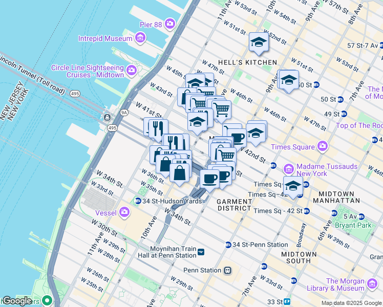 map of restaurants, bars, coffee shops, grocery stores, and more near 8087 PABT Ramp in New York