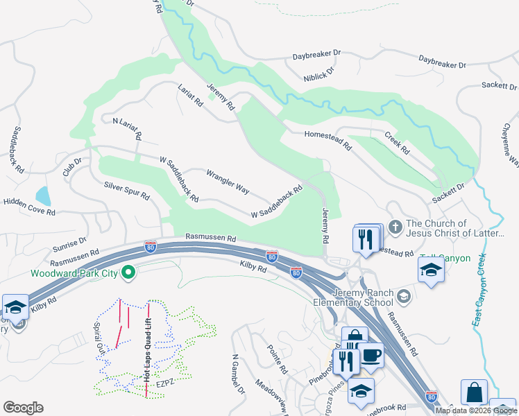 map of restaurants, bars, coffee shops, grocery stores, and more near 3452 Saddleback Rd in Park City