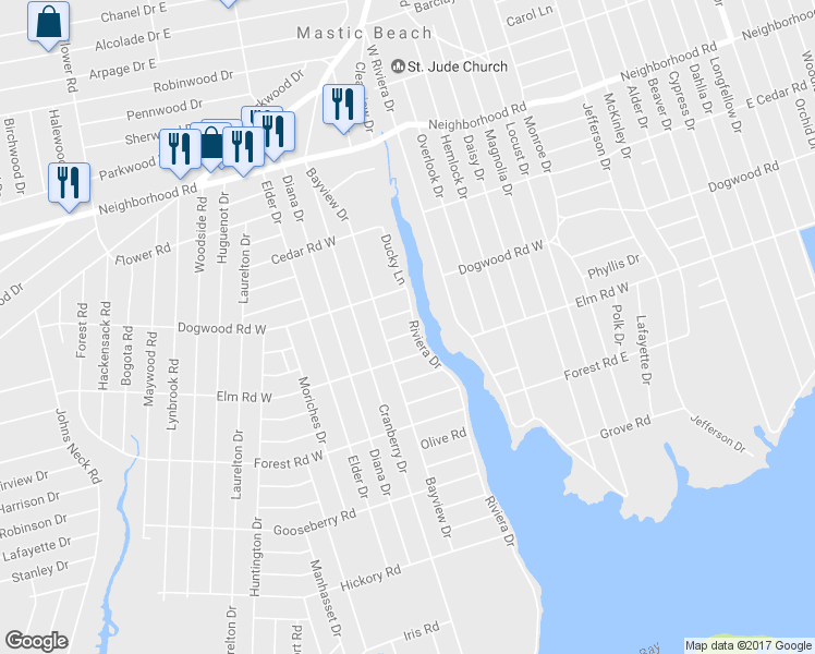map of restaurants, bars, coffee shops, grocery stores, and more near 416 Riviera Drive in Mastic Beach