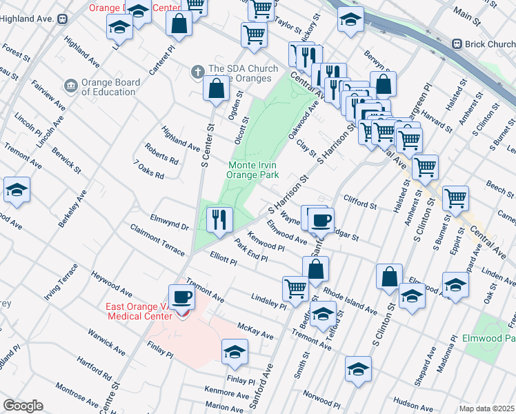 map of restaurants, bars, coffee shops, grocery stores, and more near 377 South Harrison Street in East Orange