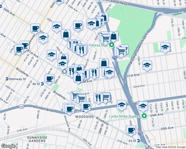 map of restaurants, bars, coffee shops, grocery stores, and more near 56-07 31st Avenue in Queens