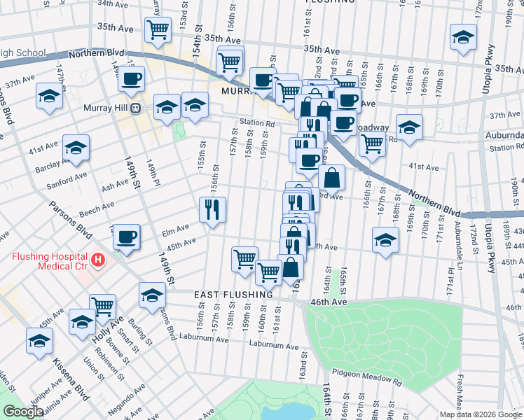 map of restaurants, bars, coffee shops, grocery stores, and more near 43-31 159th Street in Queens