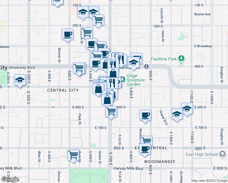 map of restaurants, bars, coffee shops, grocery stores, and more near 505 South 700 East in Salt Lake City