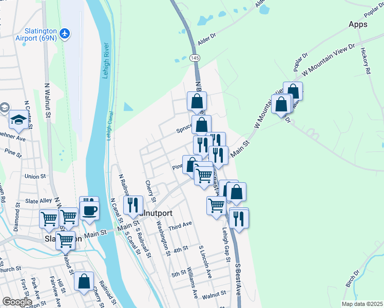 map of restaurants, bars, coffee shops, grocery stores, and more near 330 Oak Street in Walnutport