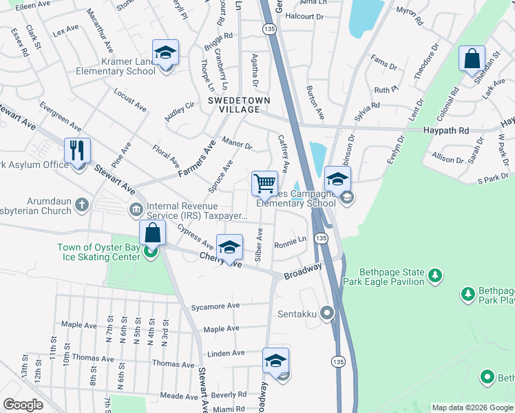 map of restaurants, bars, coffee shops, grocery stores, and more near 41 Silber Avenue in Bethpage