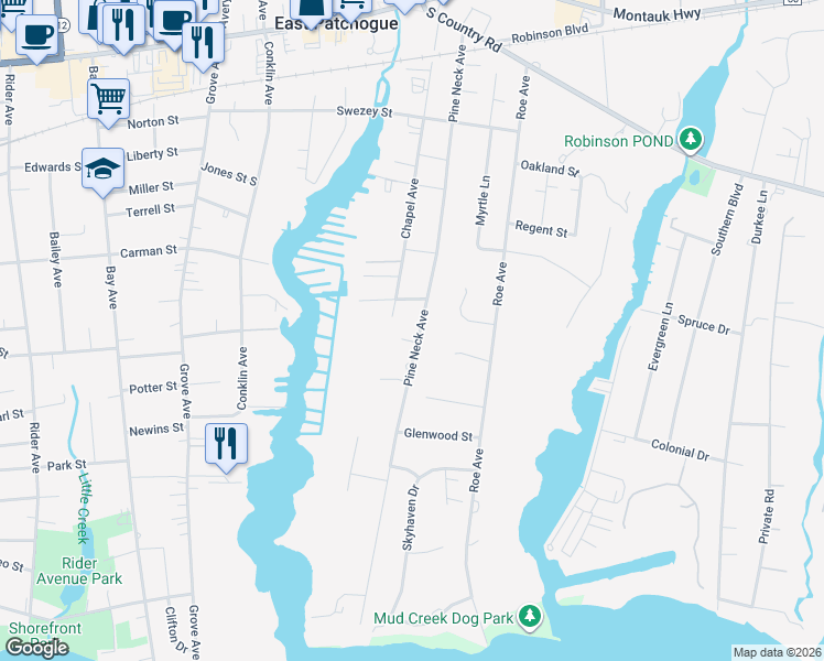 map of restaurants, bars, coffee shops, grocery stores, and more near 138 Pine Neck Avenue in East Patchogue