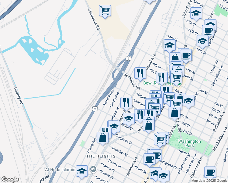 map of restaurants, bars, coffee shops, grocery stores, and more near 352 Terrace Avenue in Jersey City