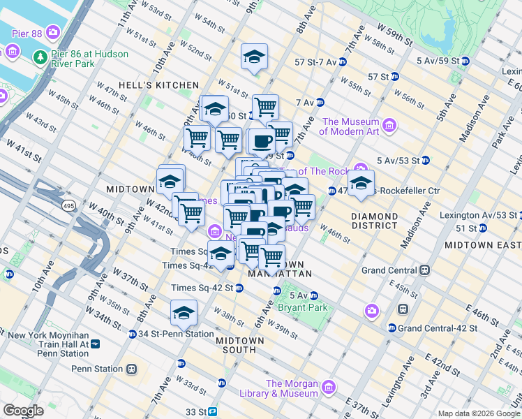 map of restaurants, bars, coffee shops, grocery stores, and more near 1538 Broadway in New York