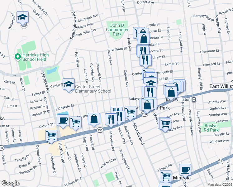 map of restaurants, bars, coffee shops, grocery stores, and more near 107 Collins Avenue in Williston Park
