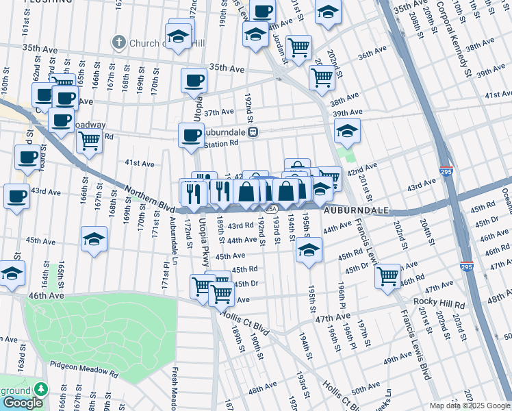 map of restaurants, bars, coffee shops, grocery stores, and more near 191-15 Northern Boulevard in Queens